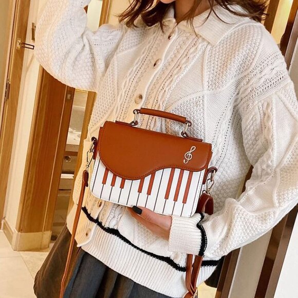 Women Piano Pattern Music Note Top Handle Satchel Mini Size Crossbody Tote Bag P - Picture 3 of 7